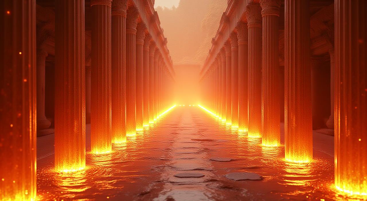 A grand cinematic visualization of data flowing like a golden river through ancient ruins